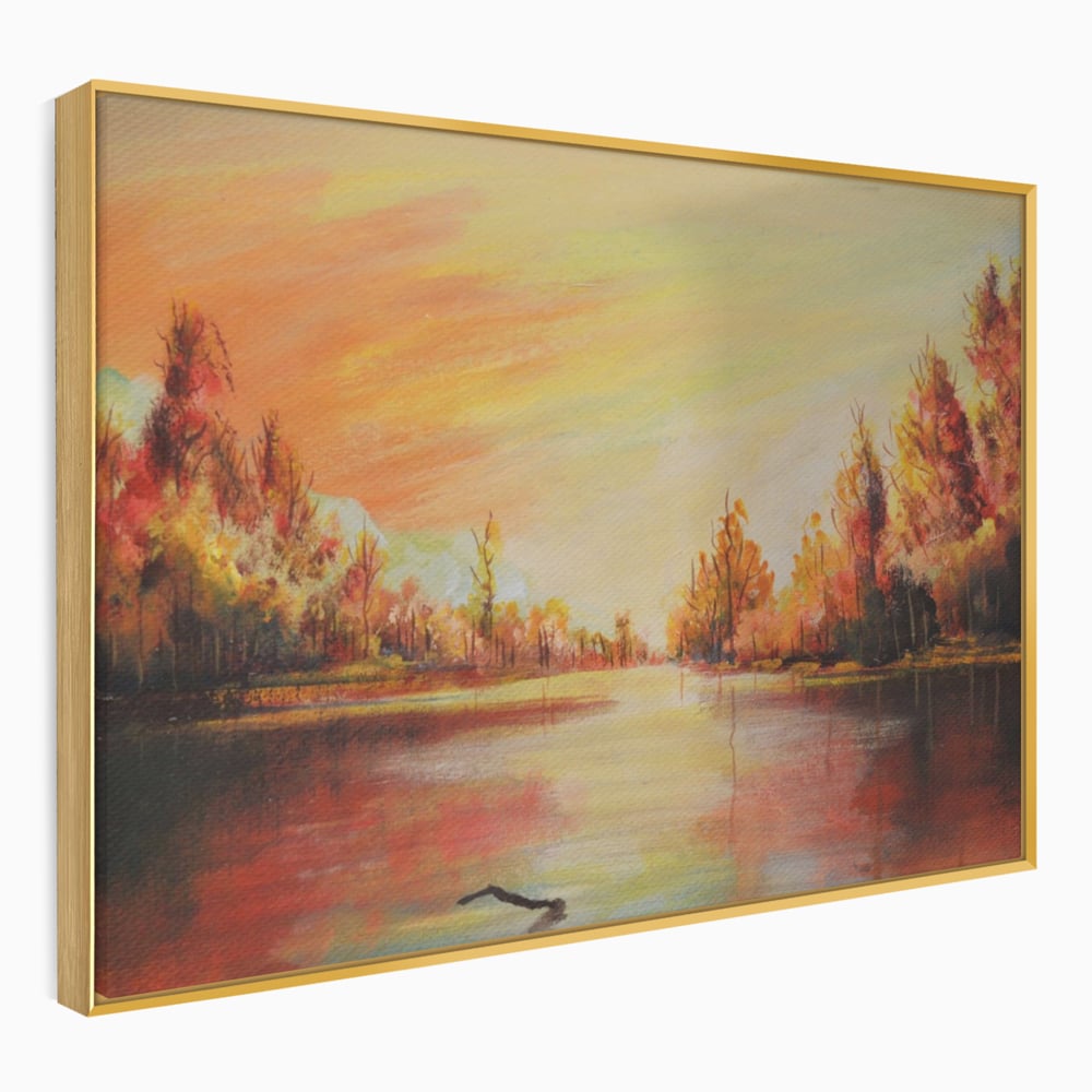 Tablou canvas cu pictura cu peisaj de toamna si lac, in rama de aluminiu auriu